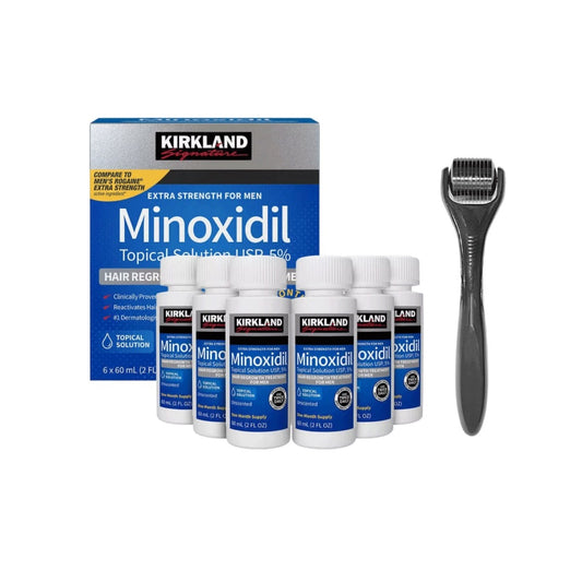 Kirkland Minoxidil 5% Hair Regrowth Solution Extra Strength 1 to 12 Month Supply with Derma Roller